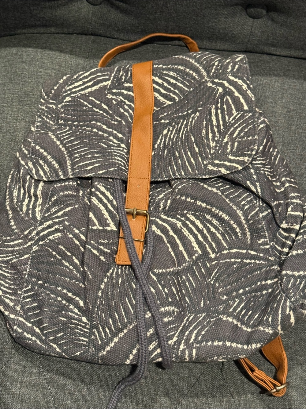 Lu & Elle gray/cream patterned backpack with brown trim